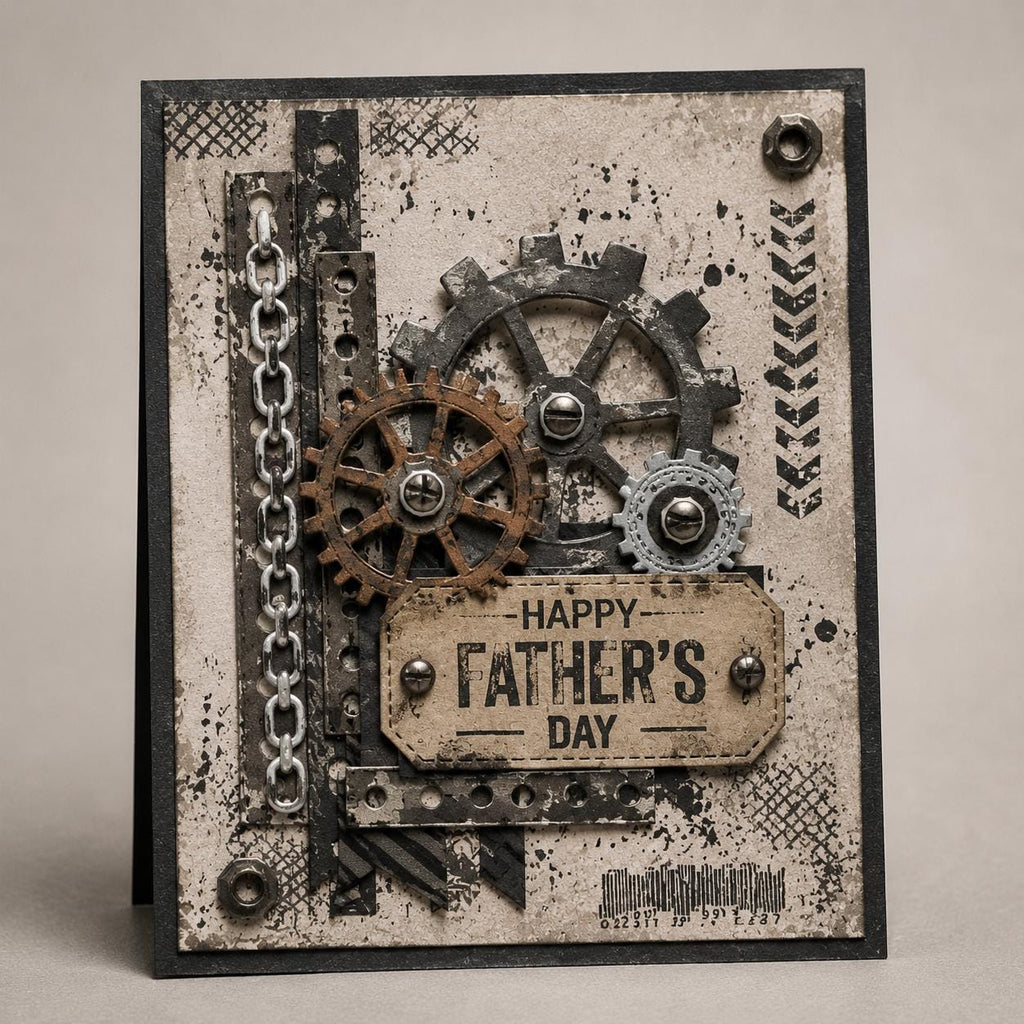 Industrial Grunge Stamp and Die Set, Steampunk Gears, Chains, Tags, Scrapbook Card Making