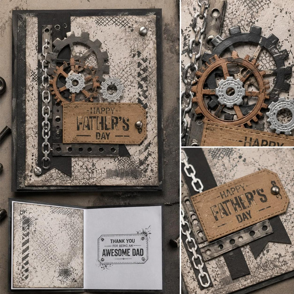 Industrial Grunge Stamp and Die Set, Steampunk Gears, Chains, Tags, Scrapbook Card Making