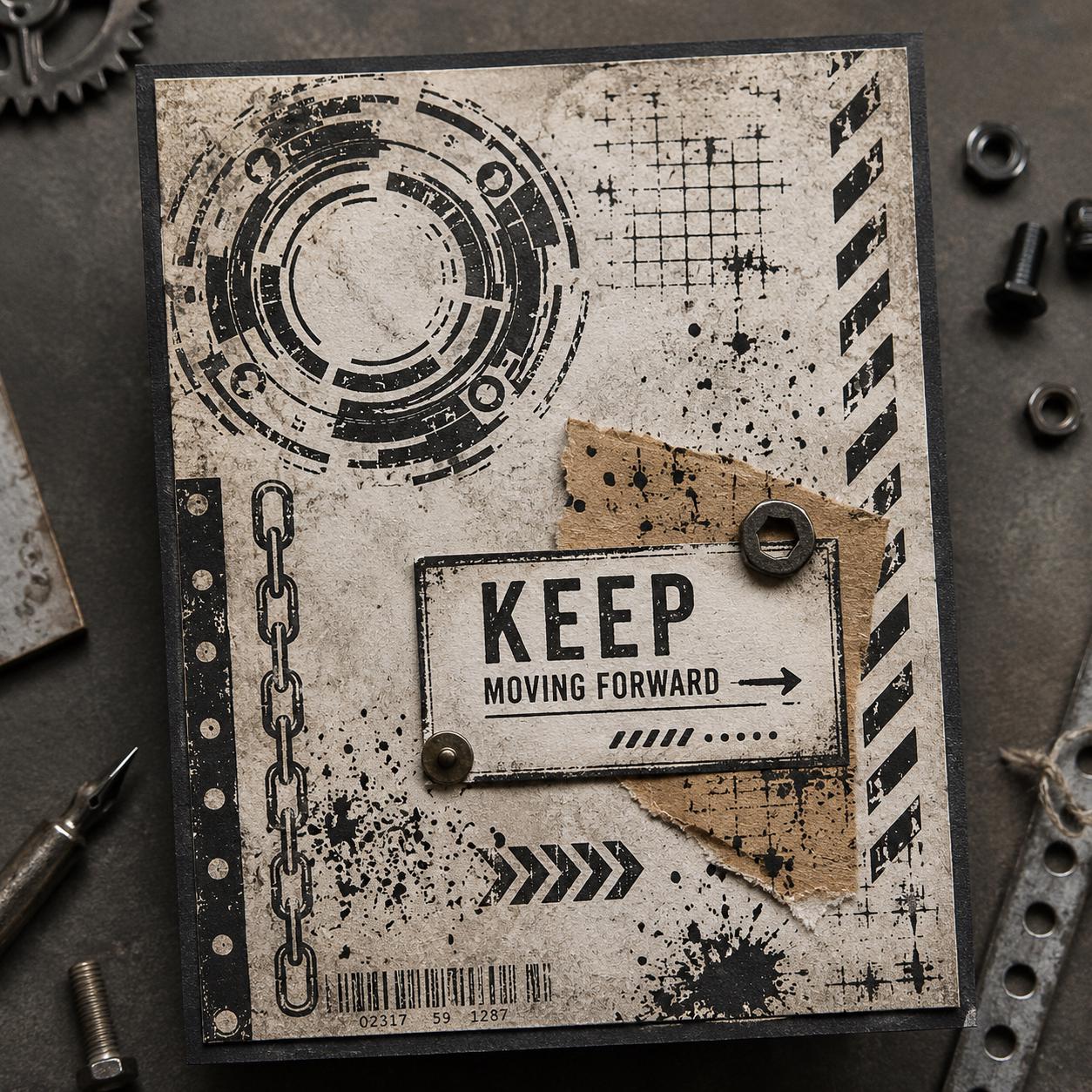 Industrial Grunge Stamp and Die Set, Steampunk Gears, Chains, Tags, Scrapbook Card Making