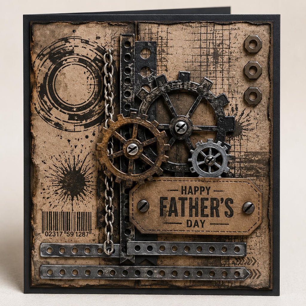 Industrial Grunge Stamp and Die Set, Steampunk Gears, Chains, Tags, Scrapbook Card Making
