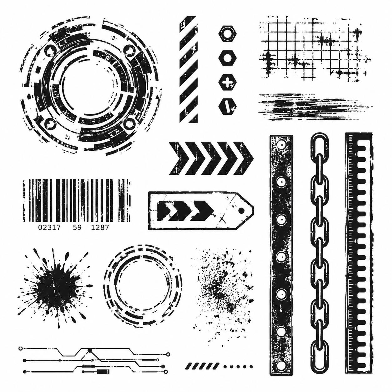 Industrial Grunge Stamp and Die Set, Steampunk Gears, Chains, Tags, Scrapbook Card Making