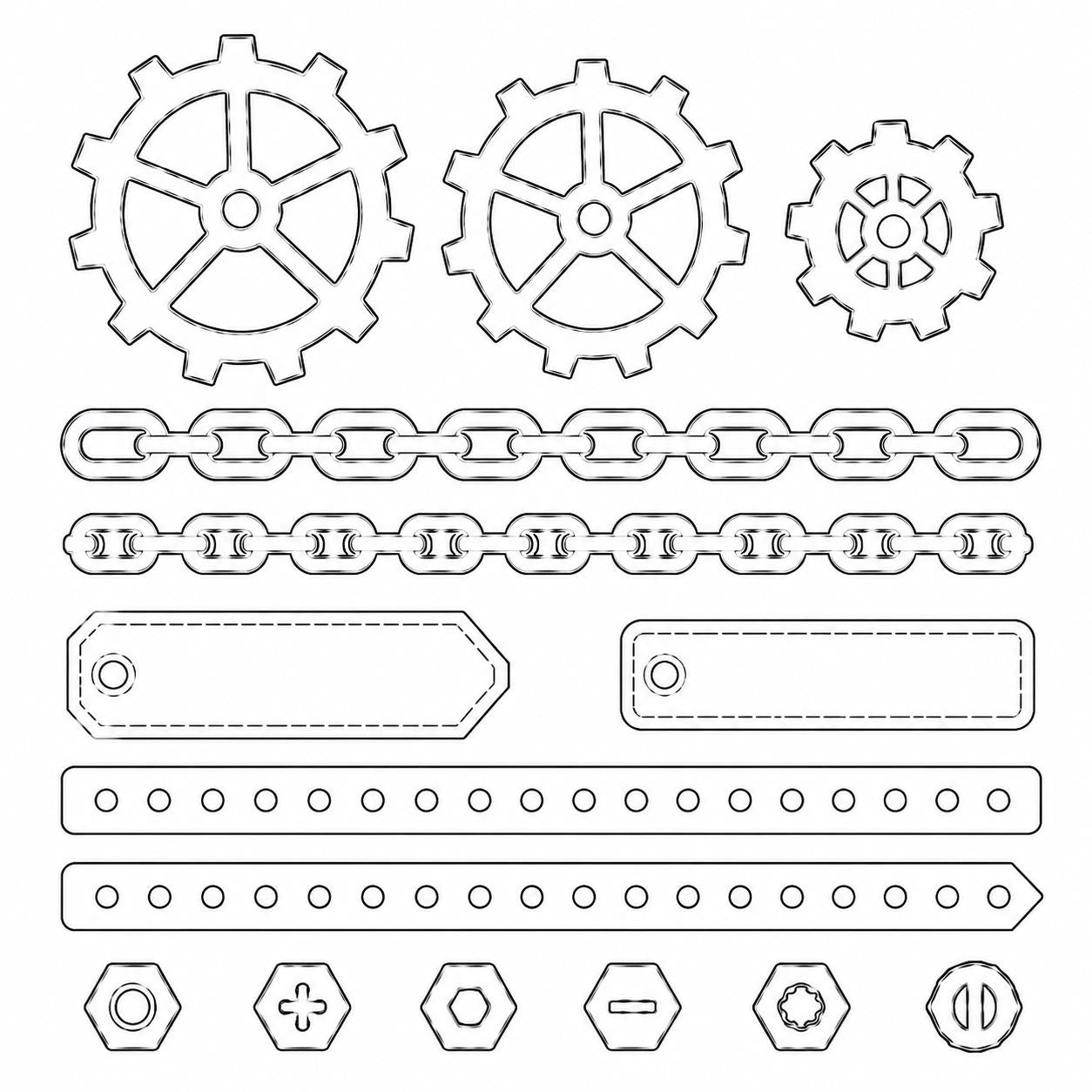 Industrial Grunge Stamp and Die Set, Steampunk Gears, Chains, Tags, Scrapbook Card Making