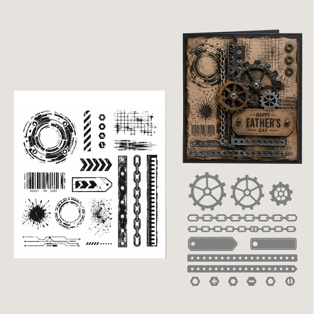 Industrial Grunge Stamp and Die Set, Steampunk Gears, Chains, Tags, Scrapbook Card Making