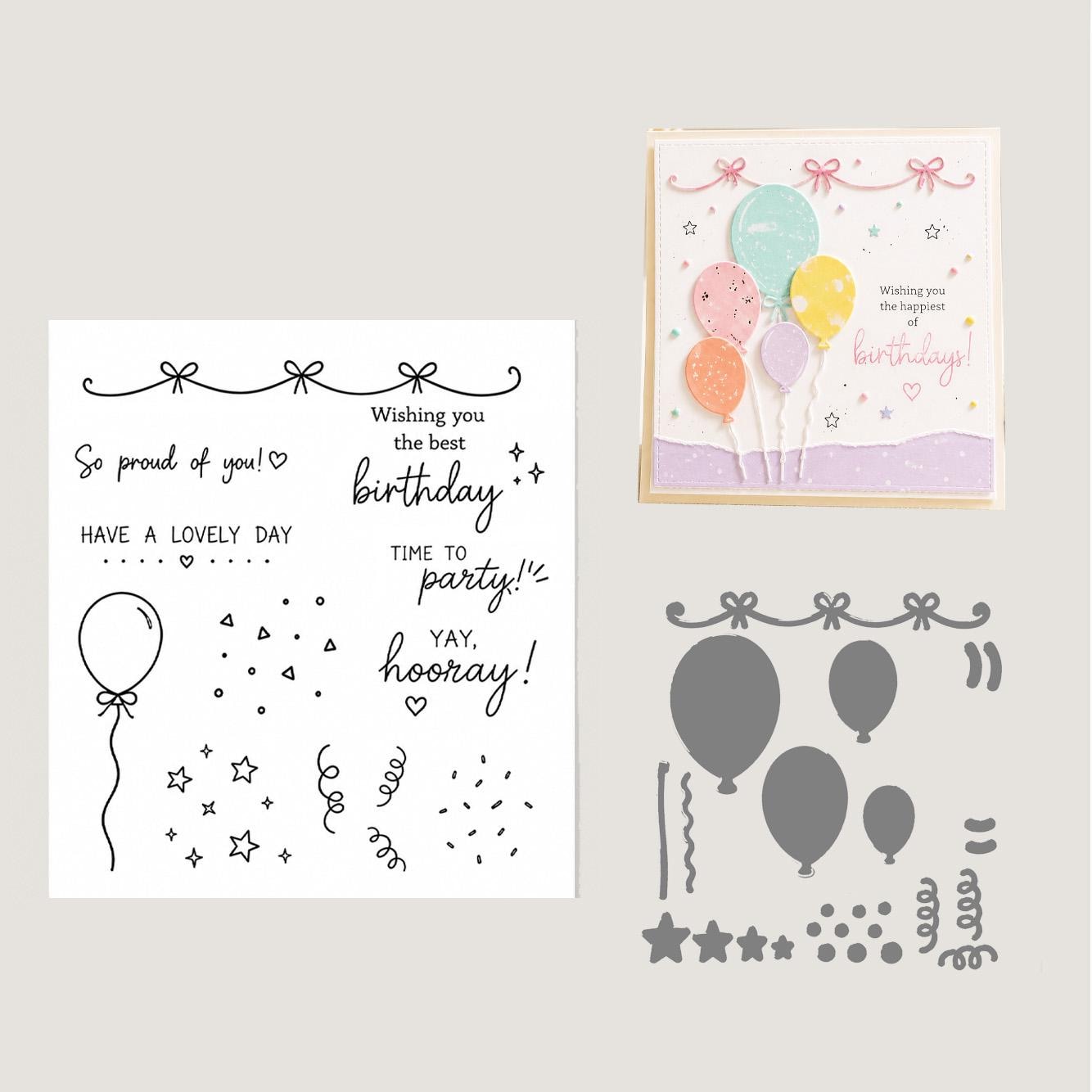 Birthday Balloon Stamp and Die Set, Party Card Making Supplies
