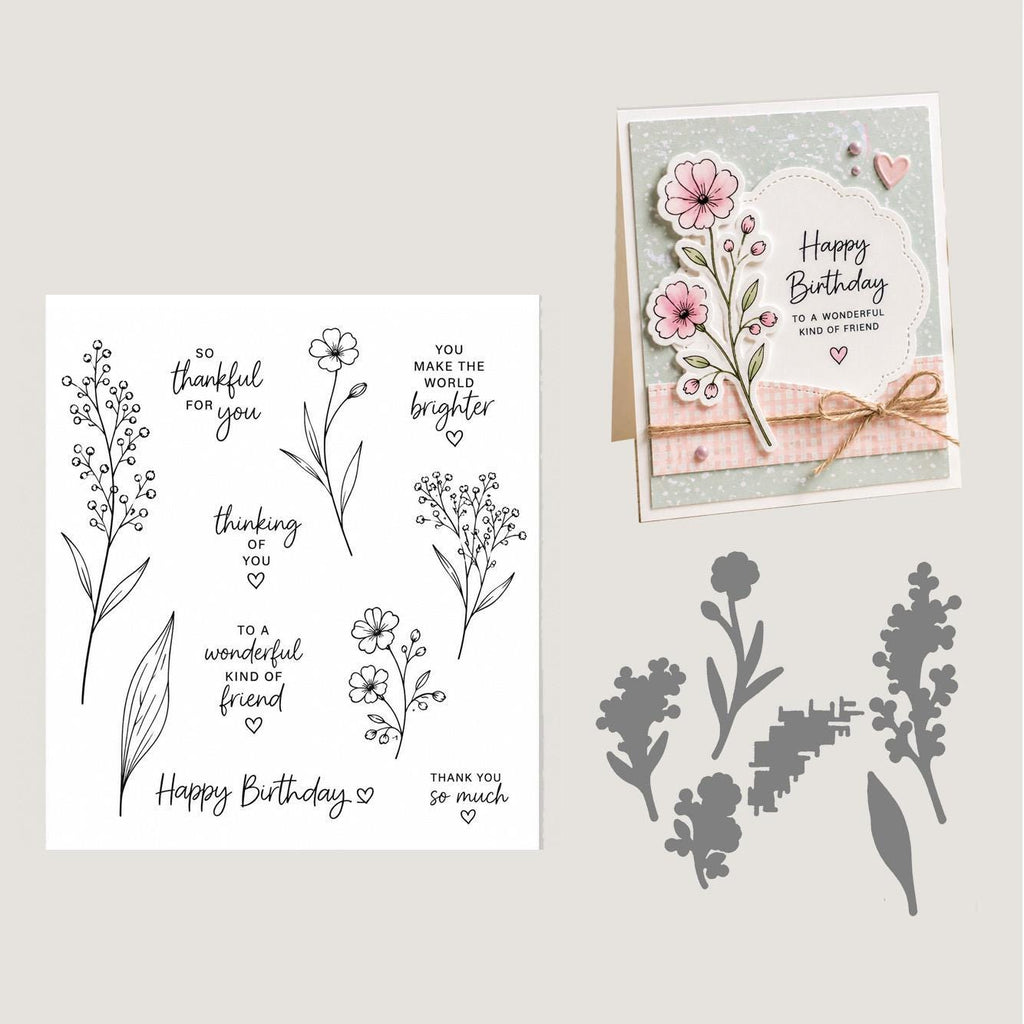 Floral Stamp and Die Set, Botanical Flower Cutting Dies, Card Making Supplies