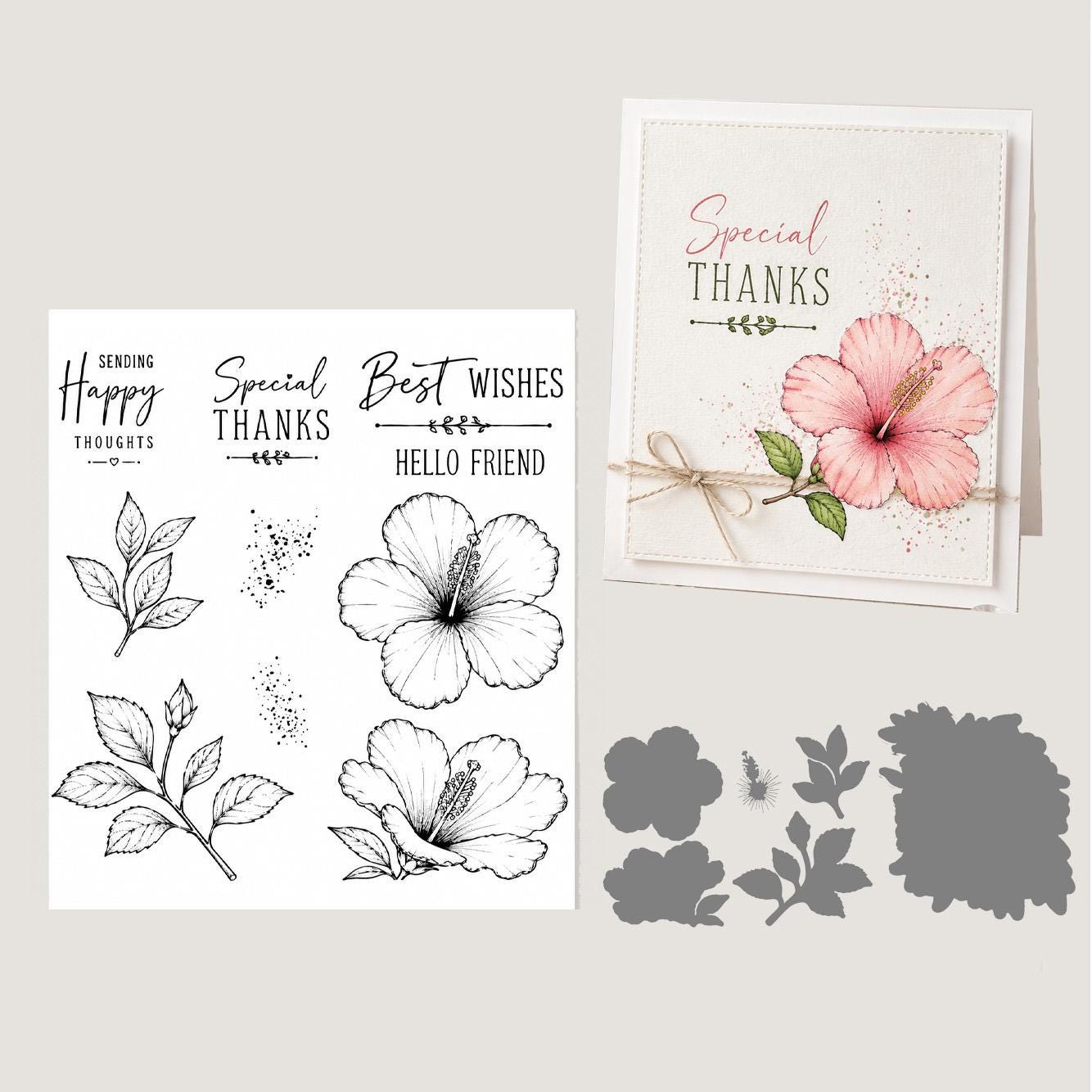 Hibiscus Flower Clear Stamp and Die Set, Floral Botanical Card Making Supplies