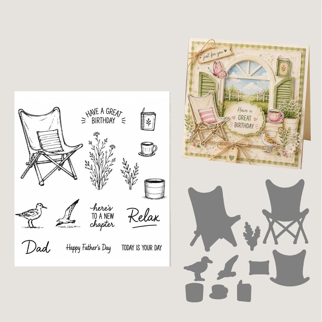 Relax Chair Stamp and Die Set, Cozy Card Making, Father's Day, Birthday Craft Supply