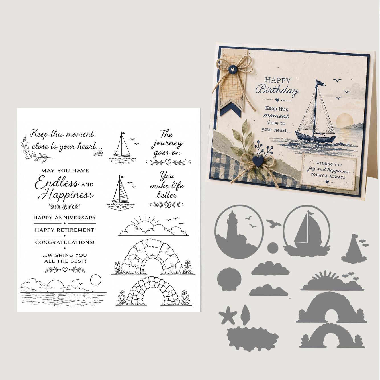 Nautical Clear Stamp & Die Set | Sailboat, Lighthouse, Sunset Card Making (15 Stamps)