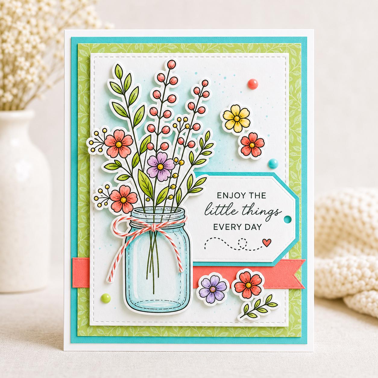 Mason Jar Floral Stamp & Die Set | Wildflower Bouquet Card Making Supplies