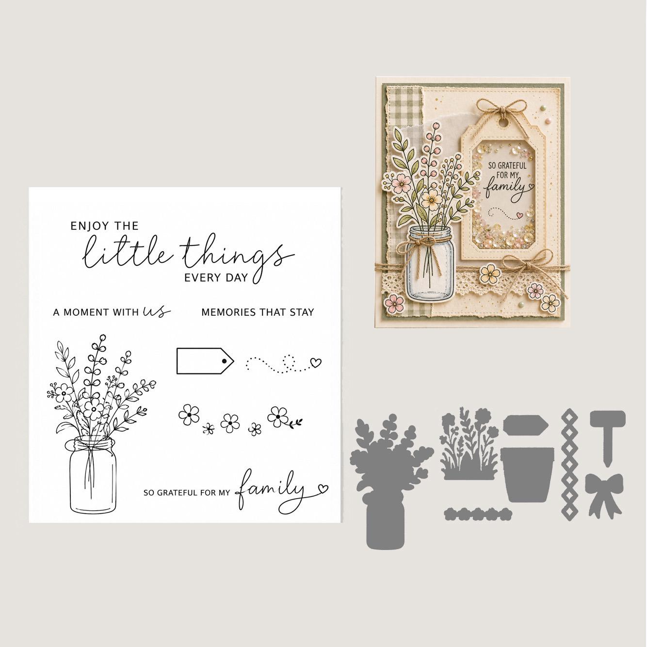 Mason Jar Floral Stamp & Die Set | Wildflower Bouquet Card Making Supplies