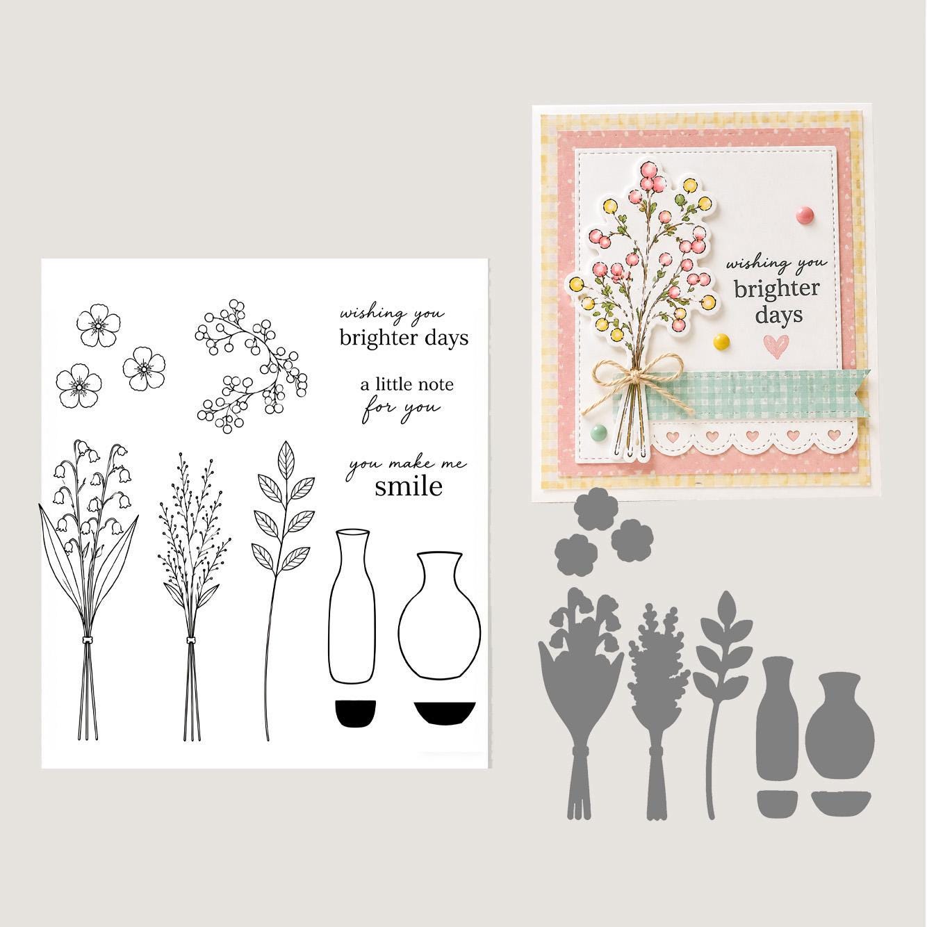Flower Vase Stamp & Die Set | Lily of Valley Berry Bouquet Card Making Supplies