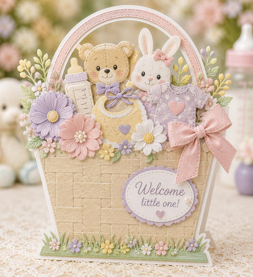 Pastel baby gift basket card with teddy bear, bunny, clothes, flowers, and bow