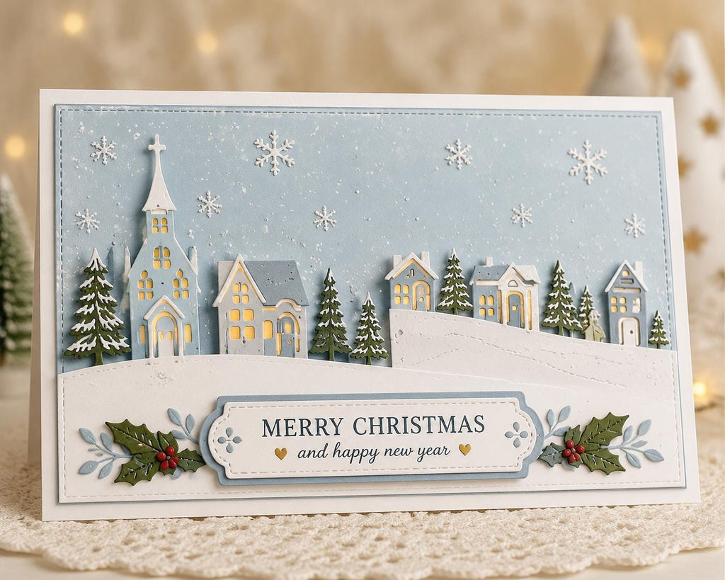 Christmas Village Metal Cutting Dies Set with Houses Church Trees and Snowy Hills