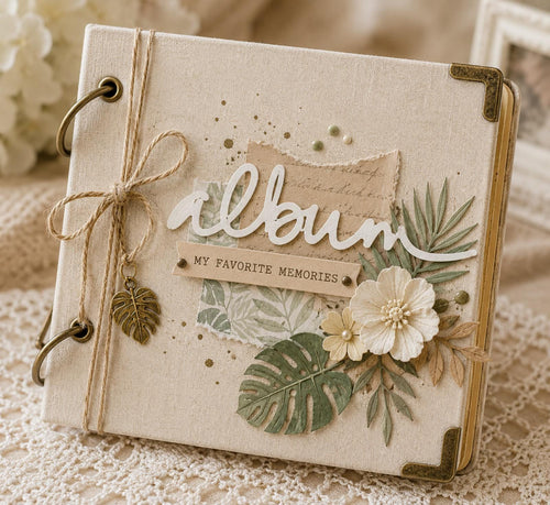 Handmade album cover with large Album script die-cut, flowers, and leaves