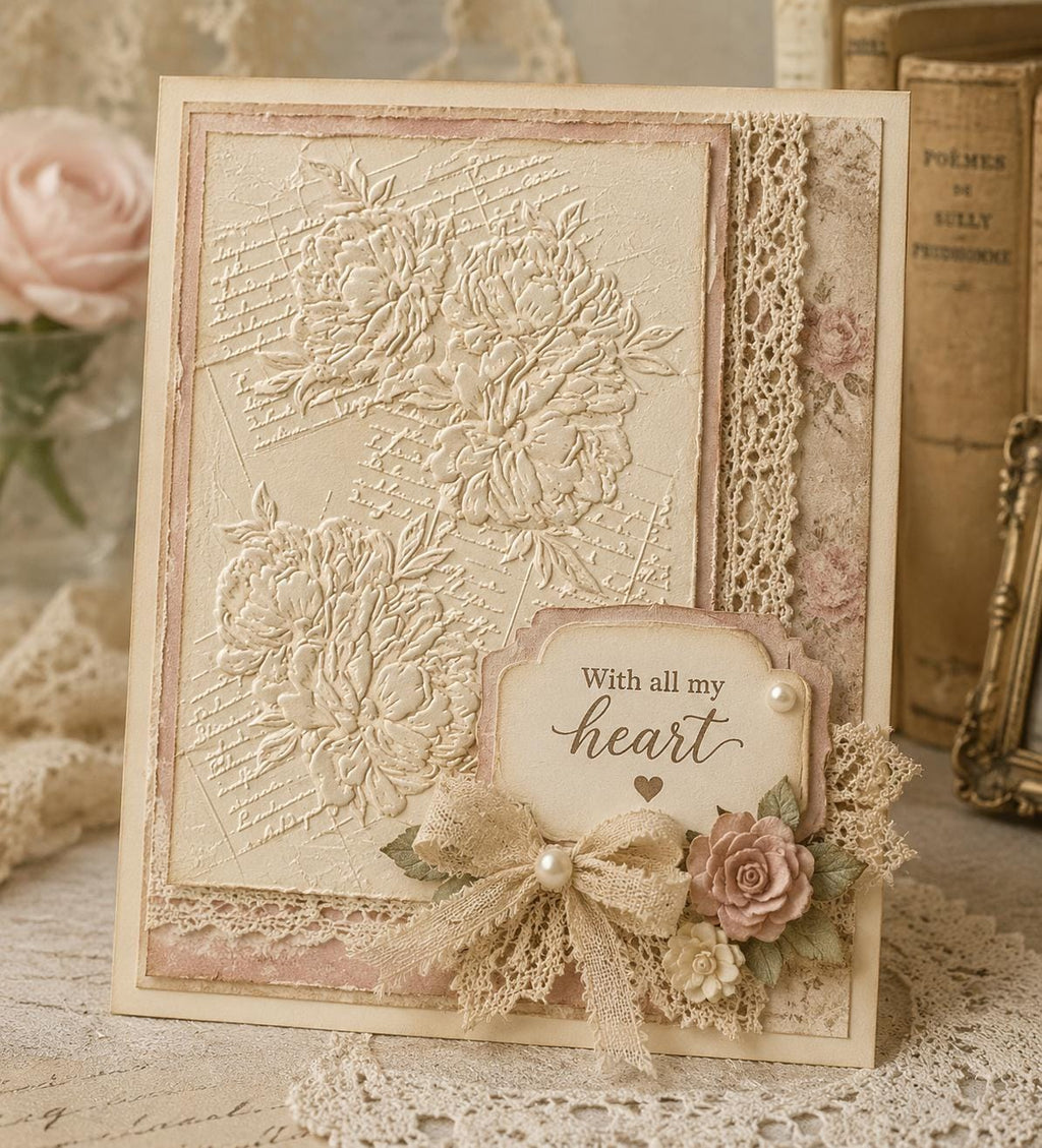 Vintage Rose Script Embossing Folder 5.8 x 4.1 Inch Floral Background for Card Making