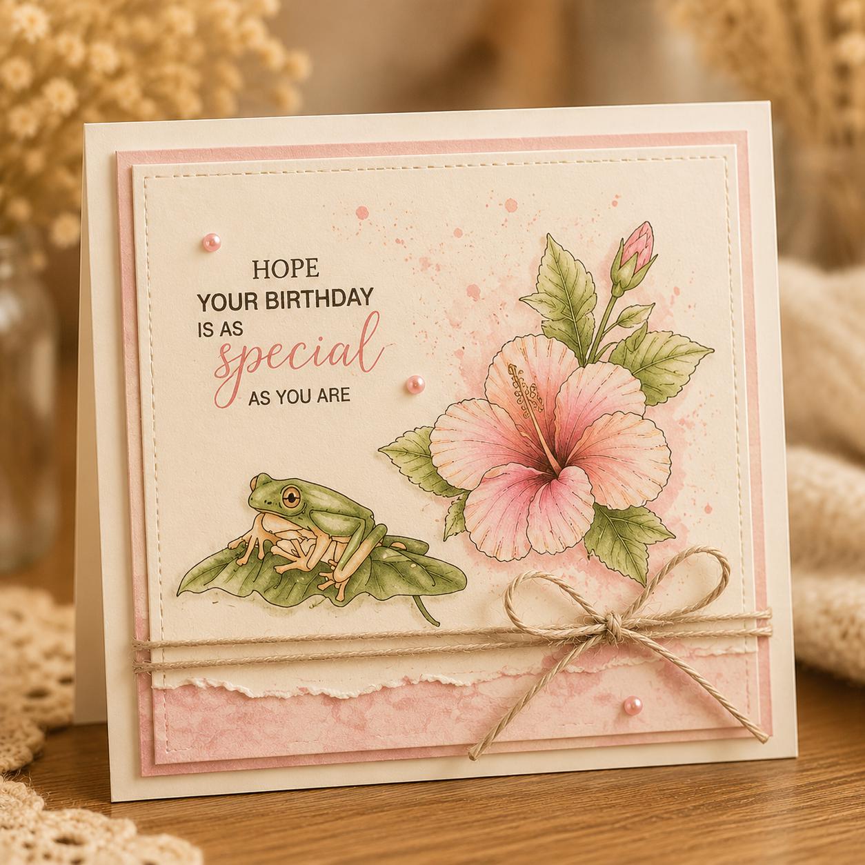 Birthday Clear Silicone Stamp, Thinking of You, Floral Frog (15x18cm)