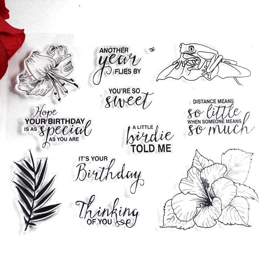 Birthday Clear Silicone Stamp, Thinking of You, Floral Frog (15x18cm)