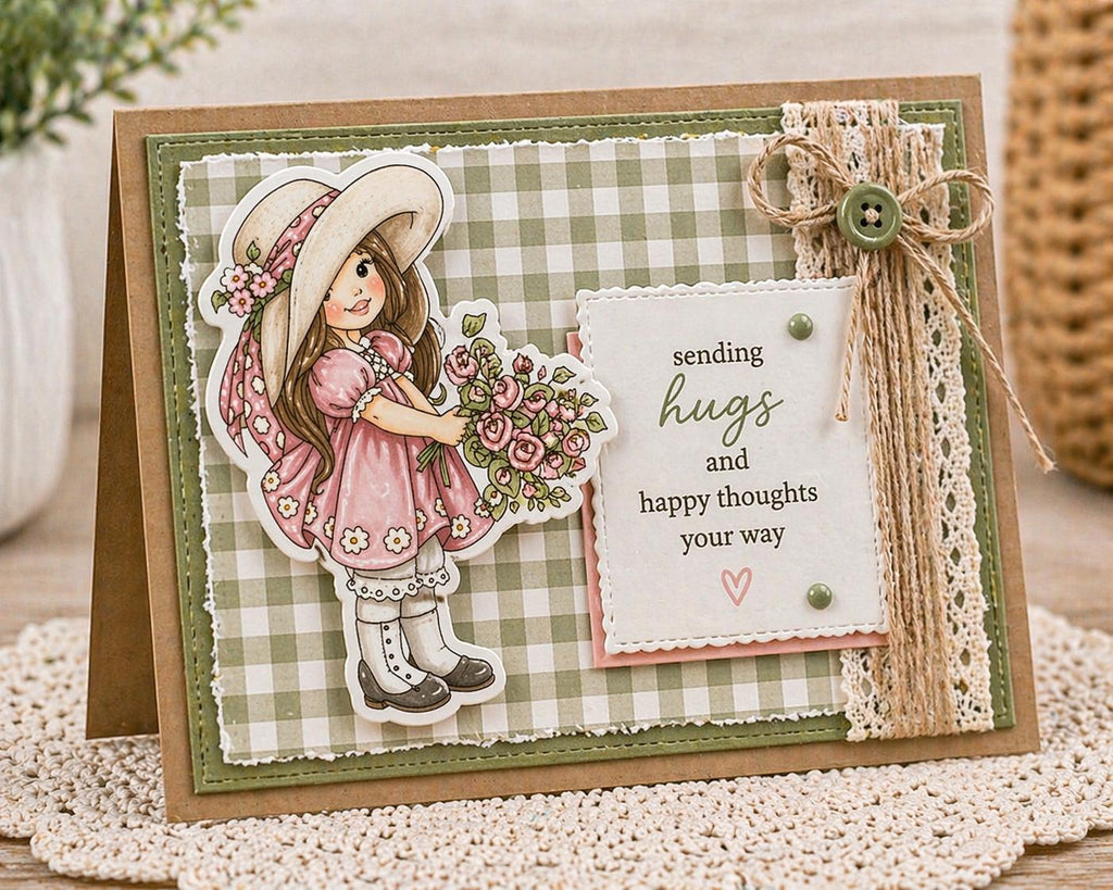 Little Girl Clear Stamp Set | Floral Basket Design | Vintage Style Character | Card Making & Scrapbooking