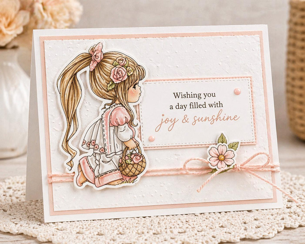 Little Girl Clear Stamp Set | Floral Basket Design | Vintage Style Character | Card Making & Scrapbooking