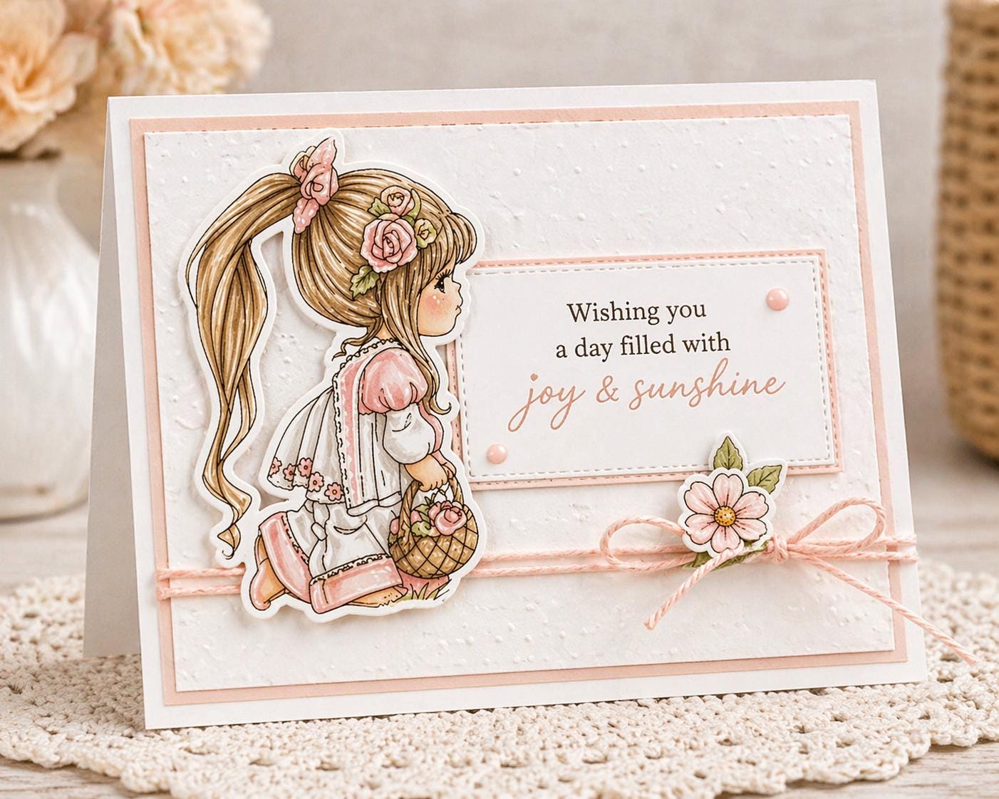 Little Girl Clear Stamp Set | Floral Basket Design | Vintage Style Character | Card Making & Scrapbooking