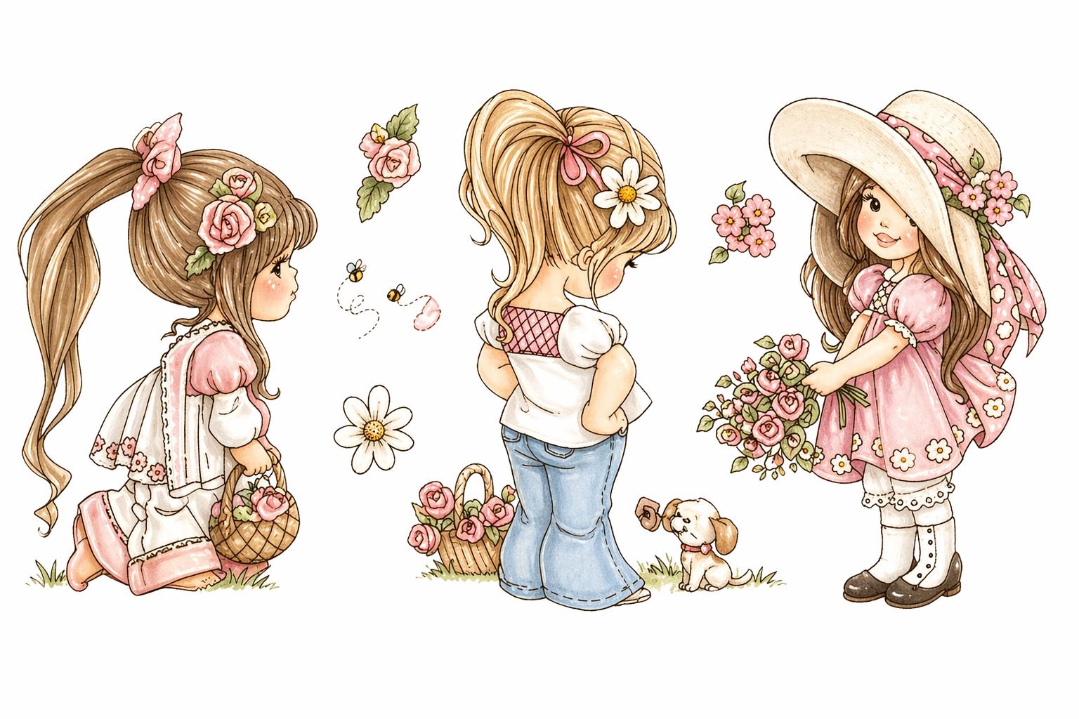 Little Girl Clear Stamp Set | Floral Basket Design | Vintage Style Character | Card Making & Scrapbooking