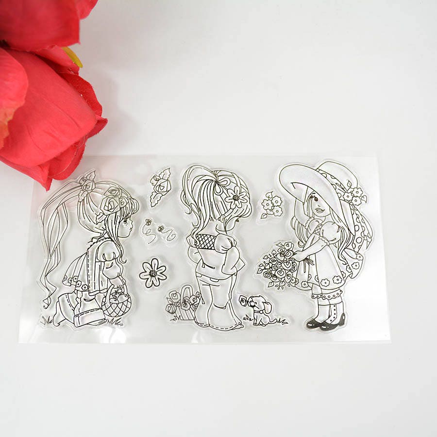 Little Girl Clear Stamp Set | Floral Basket Design | Vintage Style Character | Card Making & Scrapbooking