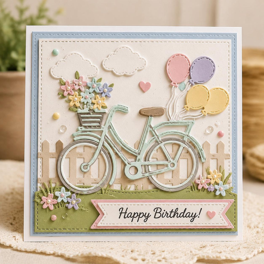 Bicycle with Flowers & Balloons Cutting Die, Scrapbooking Stencil
