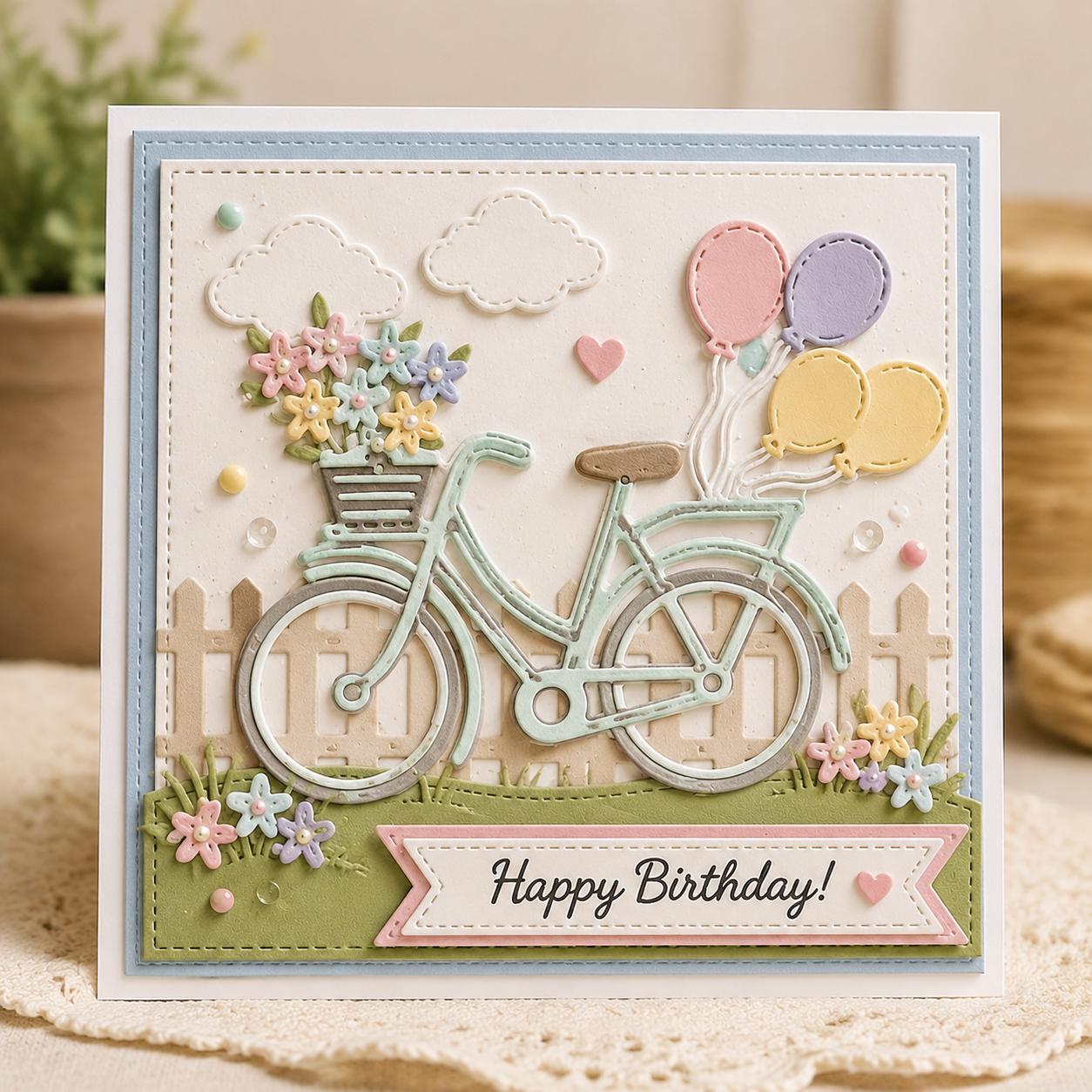 Bicycle with Flowers & Balloons Cutting Die, Scrapbooking Stencil