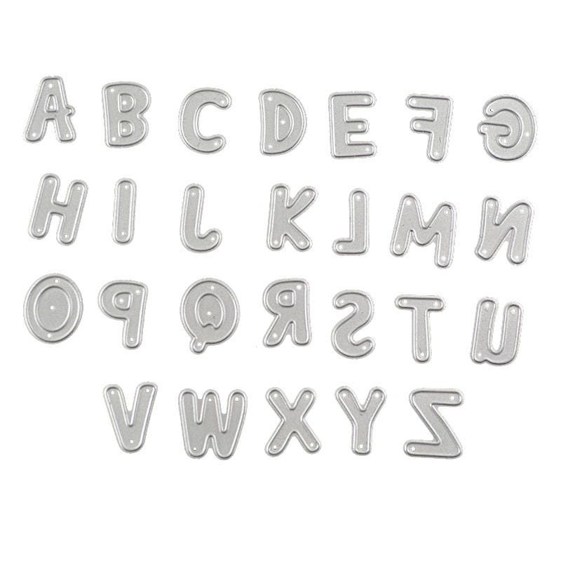 Capital letter metal cutting die set with alphabet shapes for card making, scrapbooking, embossing, names, monograms, and paper crafts.
