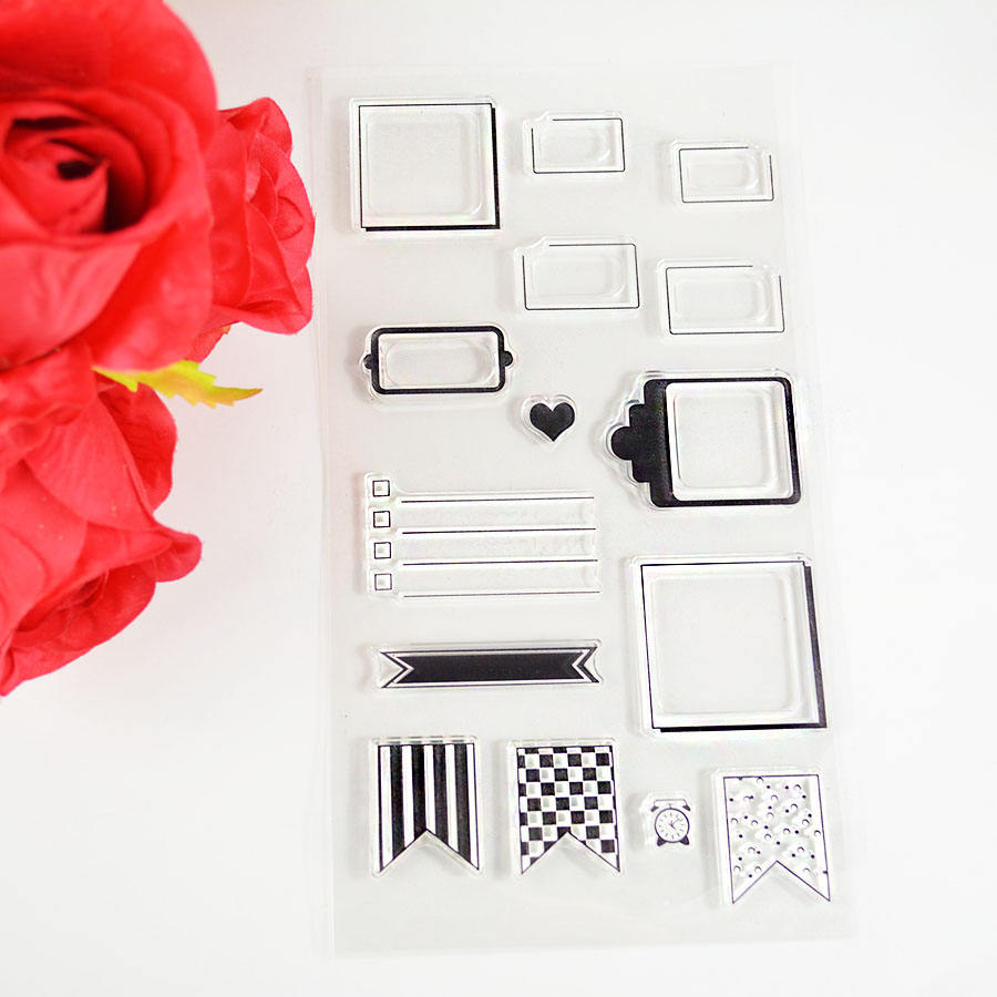 Clear silicone tag frame stamp sheet with label and banner designs for card making scrapbooking journaling planners and paper crafts.