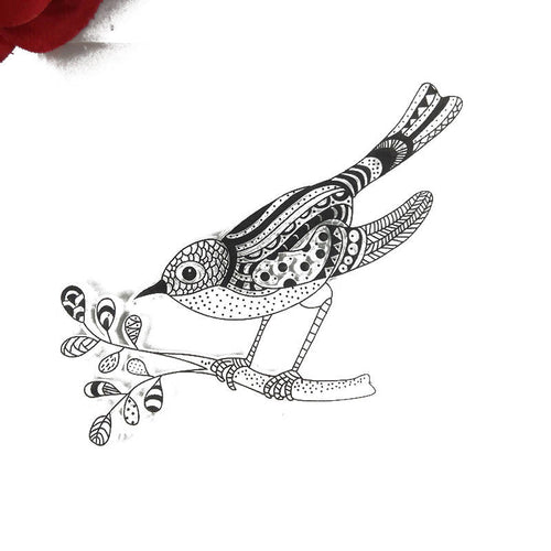 Black line art clear stamp illustration of a patterned bird perched on a leafy branch