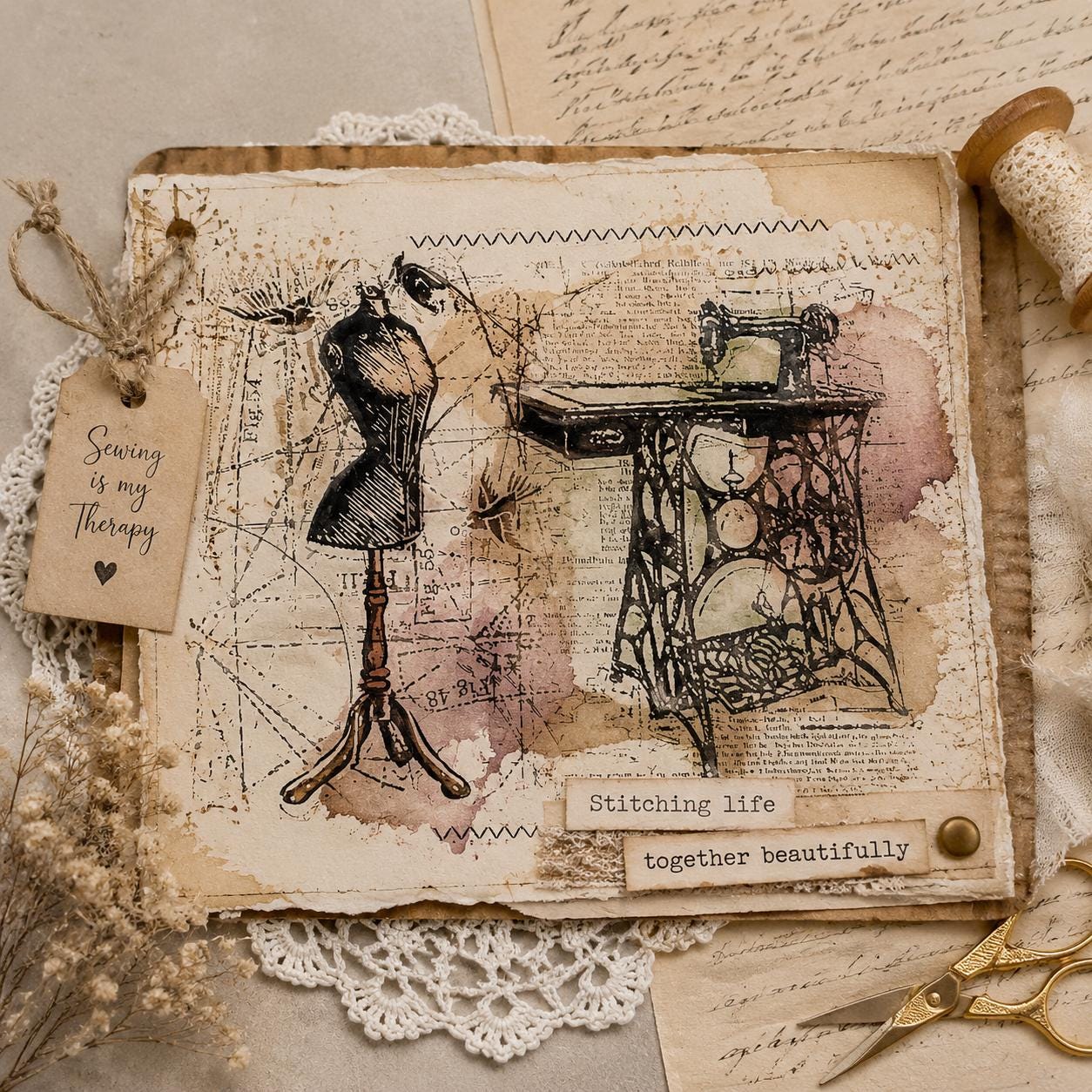 Sewing machine and mannequin clear stamp set with vintage dress form design for card making, scrapbooking, junk journals, tags, and paper crafts.
