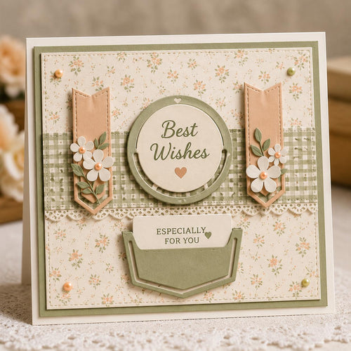 Floral bookmark with stitched edges, white flower, twine bow, and leaf charm
