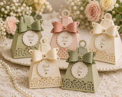 Five pastel gift boxes with large paper bows and decorative cutout bases