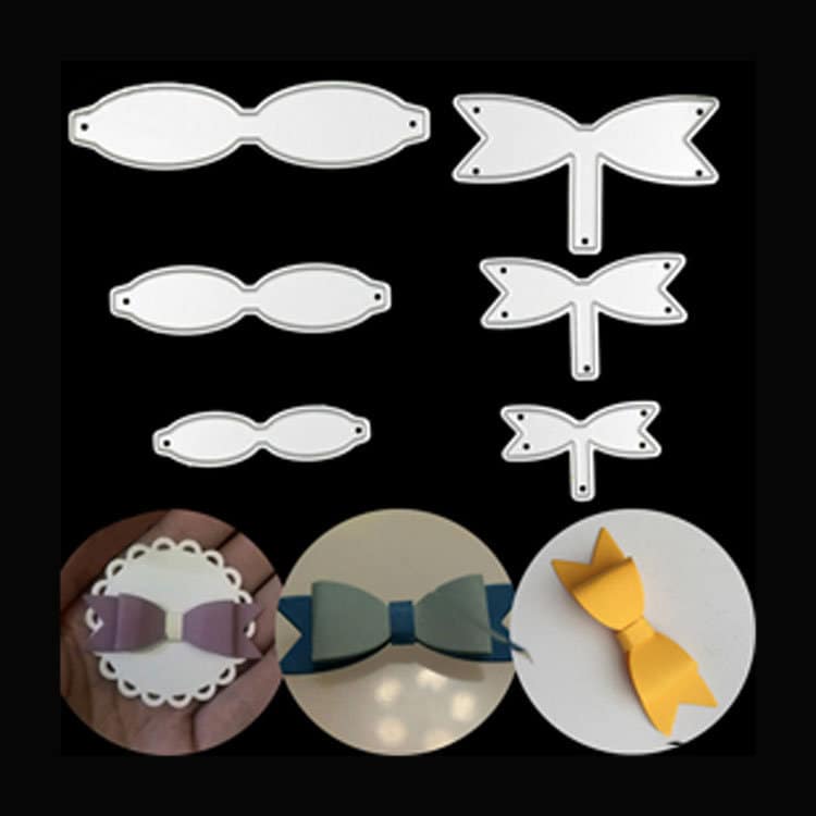 Bow knot metal cutting die set with ribbon bow shapes for card making, scrapbooking, embossing, gift tags, invitations, and paper crafts.