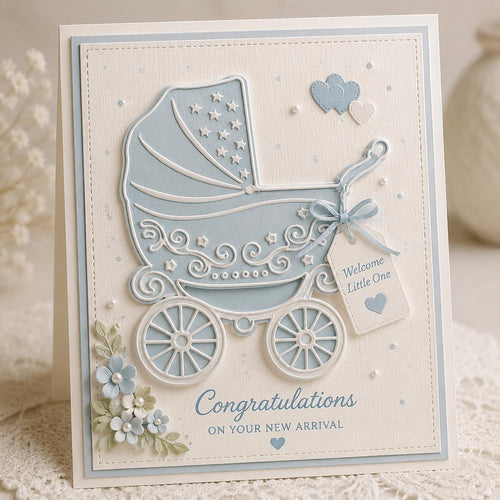 Blue baby card with ornate stroller, flowers, and Congratulations on Your New Arrival greeting