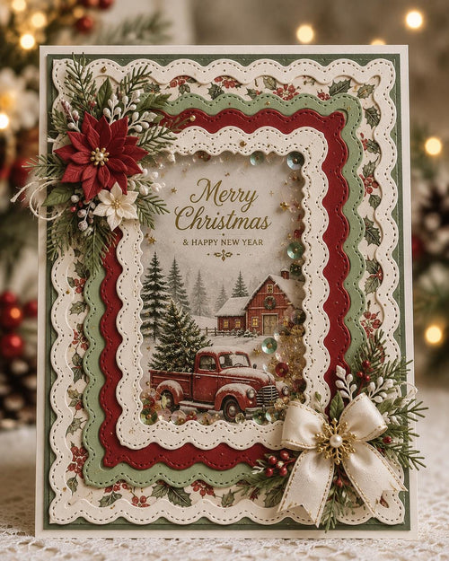 Christmas card with layered wavy stitched frames, poinsettias, and vintage red truck