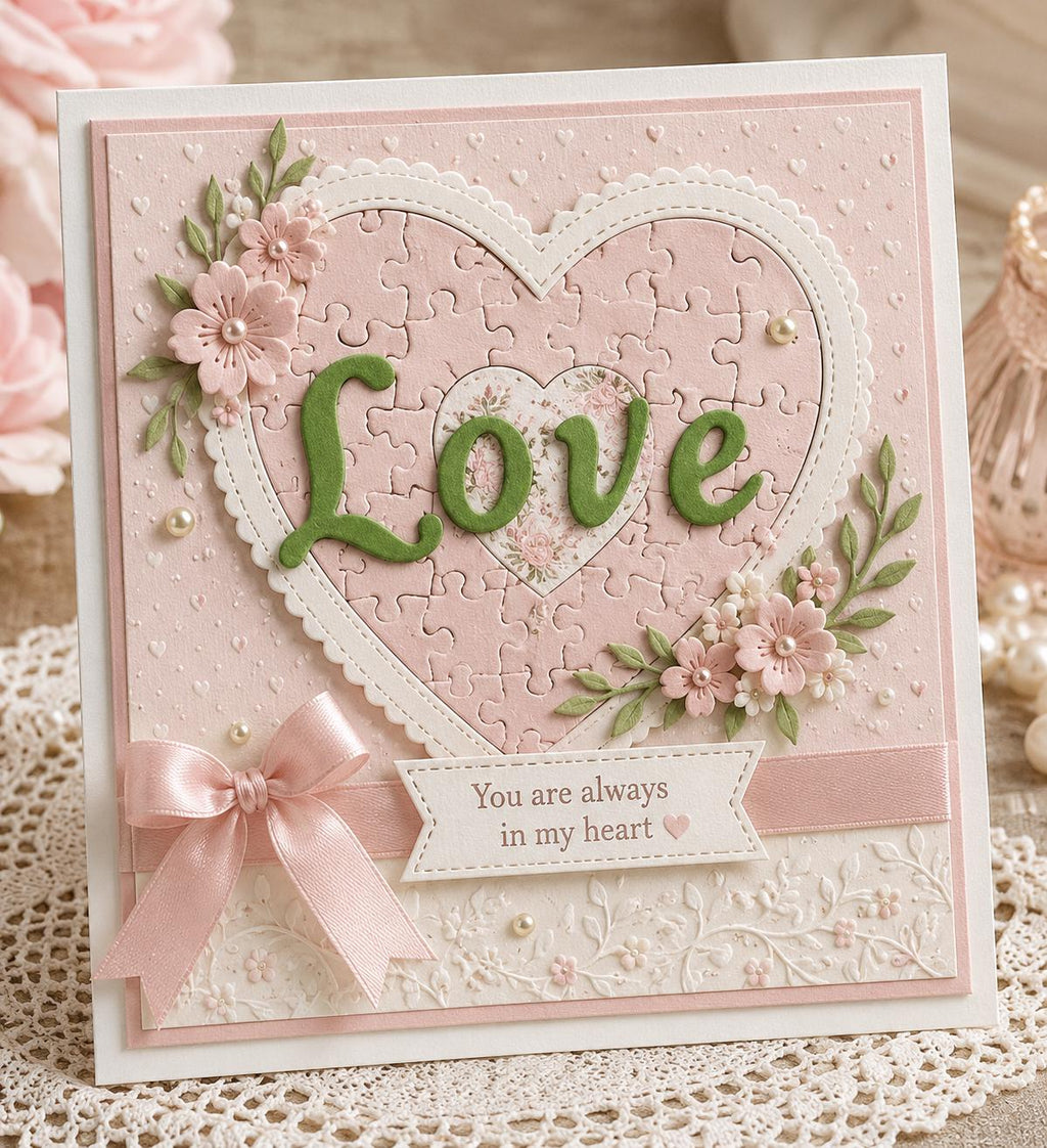 Pink heart-shaped puzzle card with green Love lettering and floral decorations