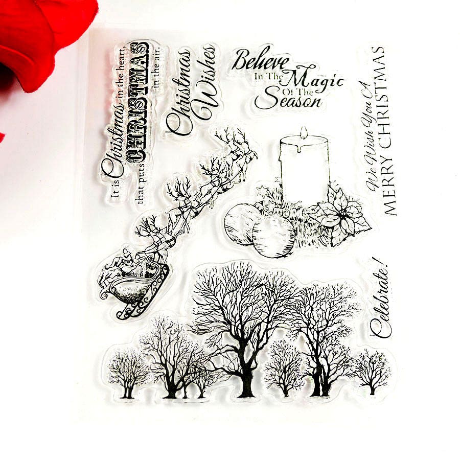 Christmas Candle Tree Clear Stamp | Vintage Holiday Design | Santa Sleigh Scene | Card Making & Scrapbooking