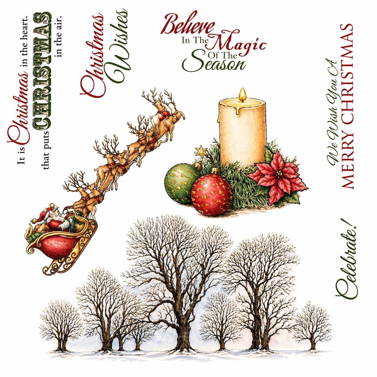 Christmas Candle Tree Clear Stamp | Vintage Holiday Design | Santa Sleigh Scene | Card Making & Scrapbooking