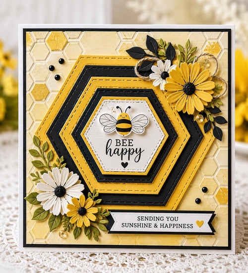 Yellow and black hexagon card with bee, flowers, and Be Happy greeting