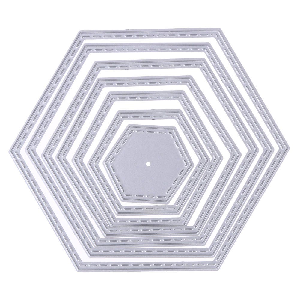 A set of seven silver metal hexagon-shaped die-cut stencils. The stencils are nested inside each other, with the smallest stencil in the center.