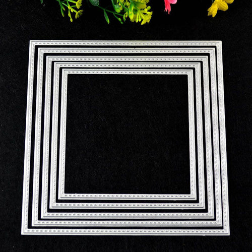 Five nested square frame metal cutting dies with stitched edges on black background