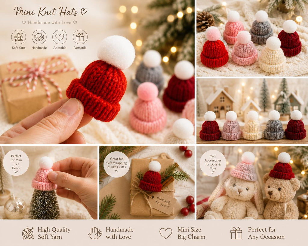 Miniature Woolen Yarn Hats, DIY Craft Supplies, Dollhouse Decor, Tiny Doll Hat Set