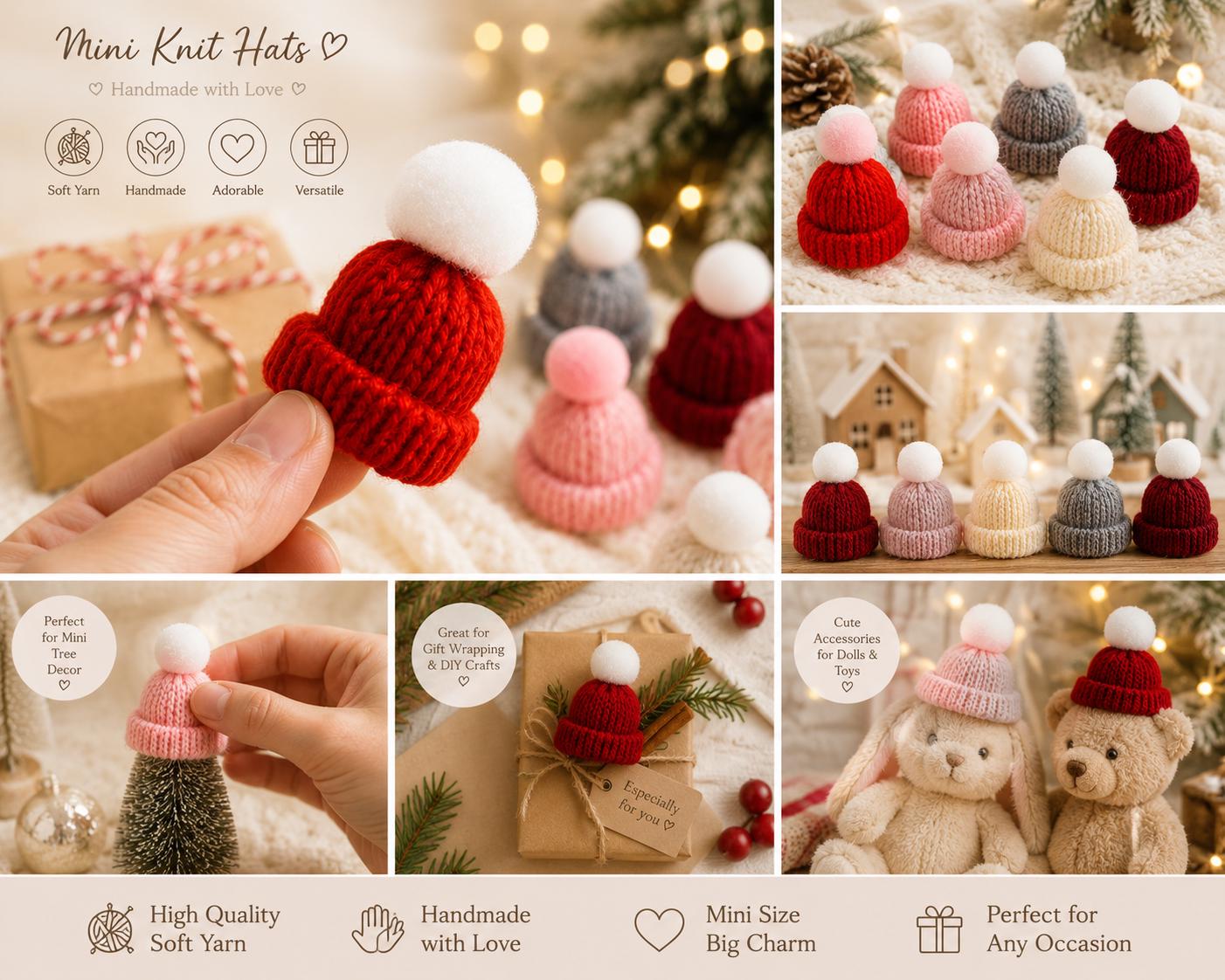 Miniature Woolen Yarn Hats, DIY Craft Supplies, Dollhouse Decor, Tiny Doll Hat Set
