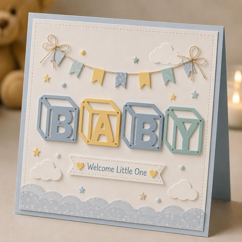 Pastel baby card with large block letters spelling BABY and Welcome Little One greeting