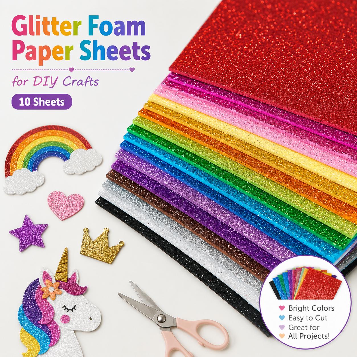 Glitter Foam Paper Sheets, Sparkly Craft Supplies for DIY Projects, 10 Sheets