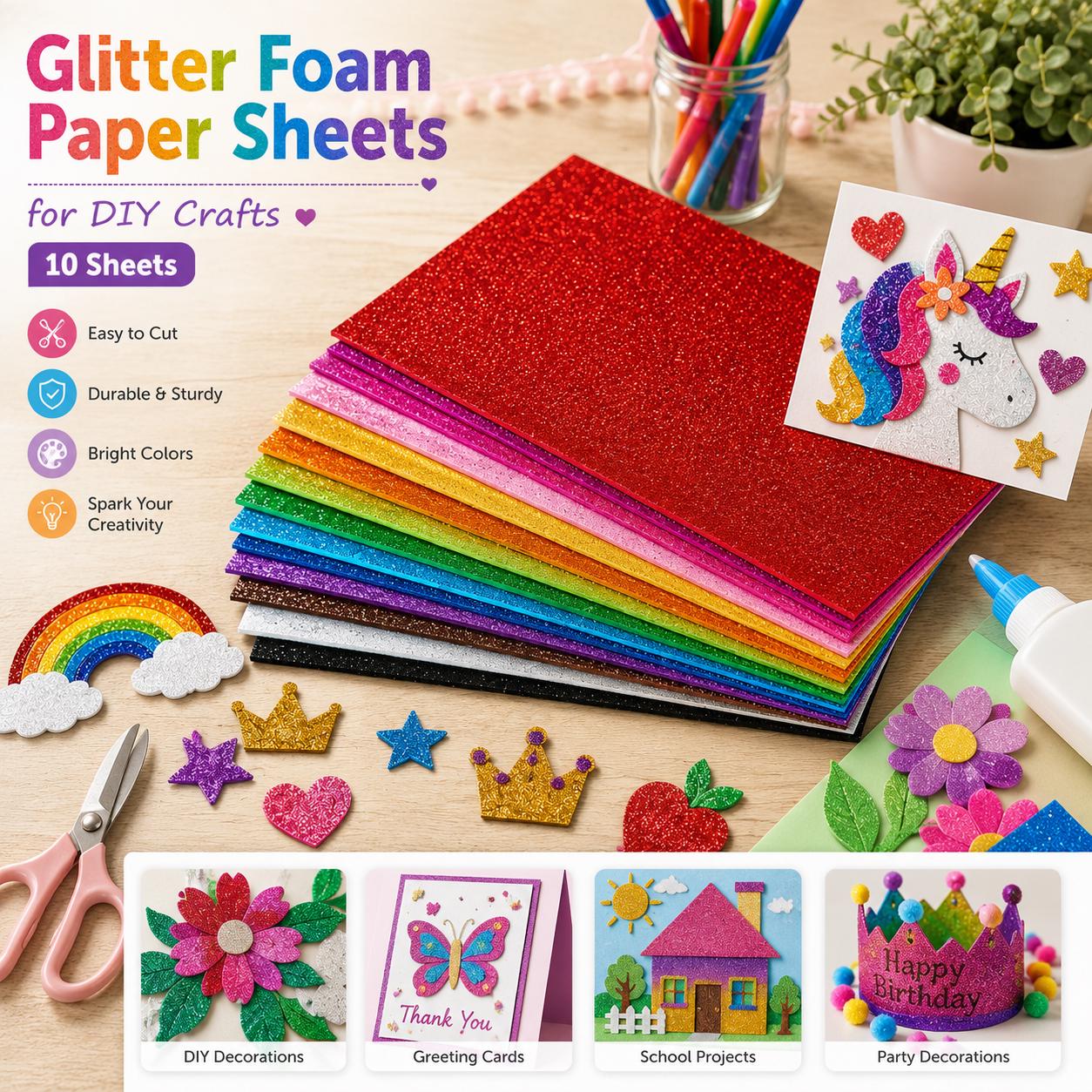 Glitter Foam Paper Sheets, Sparkly Craft Supplies for DIY Projects, 10 Sheets