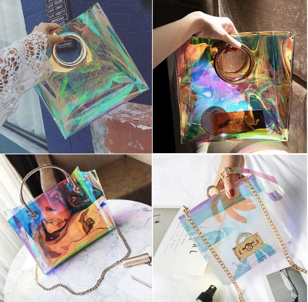 Four images of iridescent handbags. The bags are square or rectangular with gold-tone handles or chain straps. The bags have a clear, holographic appearance, reflecting a spectrum of colors. Some bags have a circular handle, while others have a chain strap.