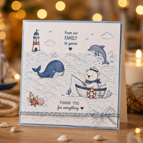Nautical card with abstract wave background, lighthouse, whale, and bear in boat